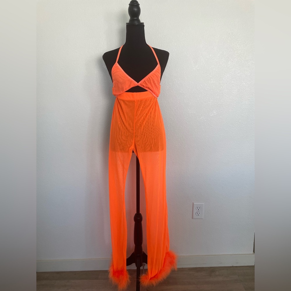 Neon Orange Mesh Bikini Top and Pant Set